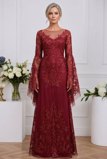 Embroidered Bell Sleeve Floor-Length Gown