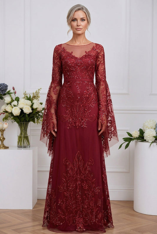 Embroidered Bell Sleeve Floor-Length Gown