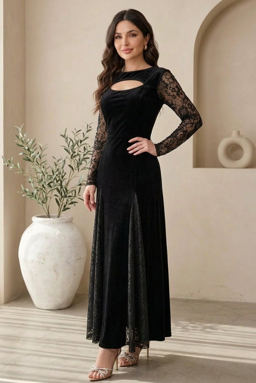 Velvet Maxi Dress with Lace Sleeves and Cut-Out