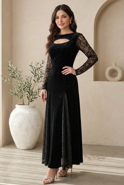 Velvet Maxi Dress with Lace Sleeves and Cut-Out