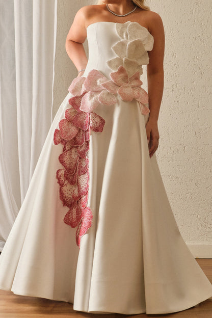 Strapless A-Line Gown with 3D Beaded Floral Petals