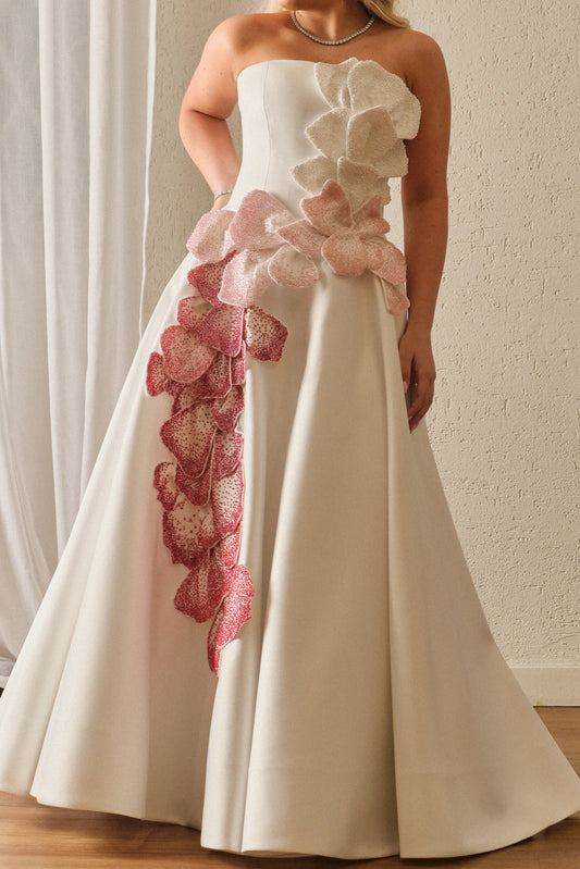 Strapless A-Line Gown with 3D Beaded Floral Petals