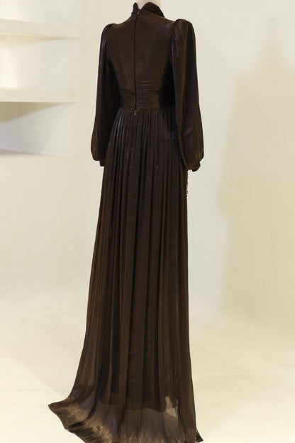 Long-Sleeve High-Neck Evening Gown with Floral Beaded Skirt