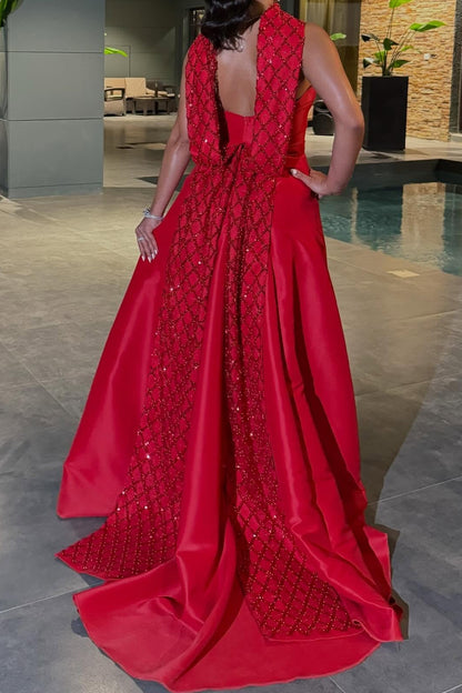 Strapless Gown with Embellished Cape Scarf