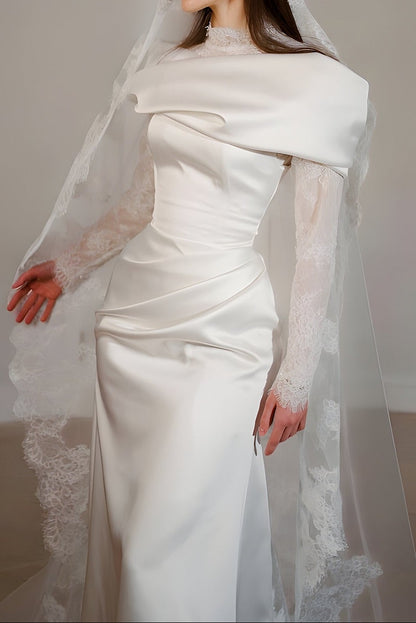 High Neck Satin Trumpet Wedding Dress with Lace Sleeves