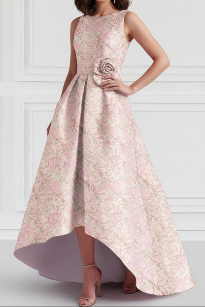 High-Low Floral Jacquard A-Line Dress with Pockets
