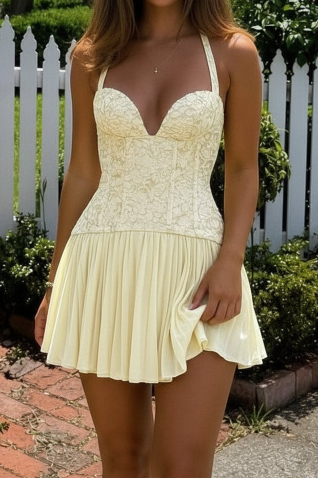 Halter Corset Mini Dress with Pleated Skirt