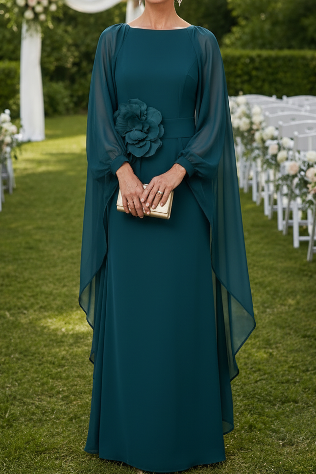 Bateau Gown with Sheer Cape Sleeves and 3D Flower