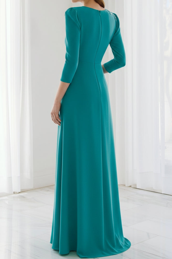 V-Neck 3/4 Sleeve Pleated Inset Evening Gown