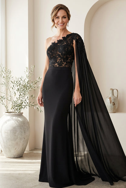 One-Shoulder Lace Bodice Gown with Cape