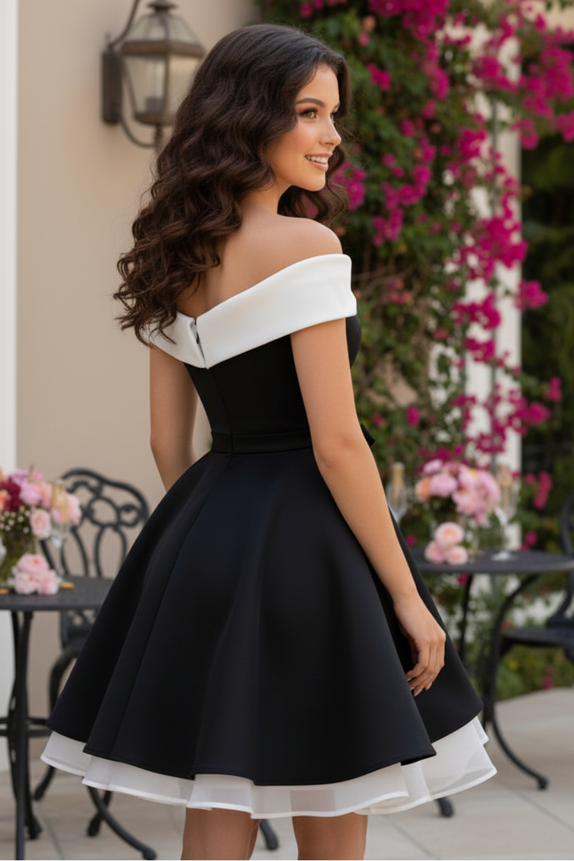 Off-the-Shoulder A-Line Mini Dress with Crystal Accent