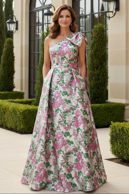 One-Shoulder Floral Jacquard A-Line Gown with Bow