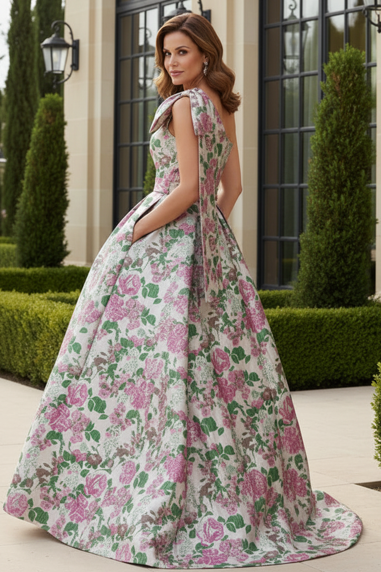 One-Shoulder Floral Jacquard A-Line Gown with Bow