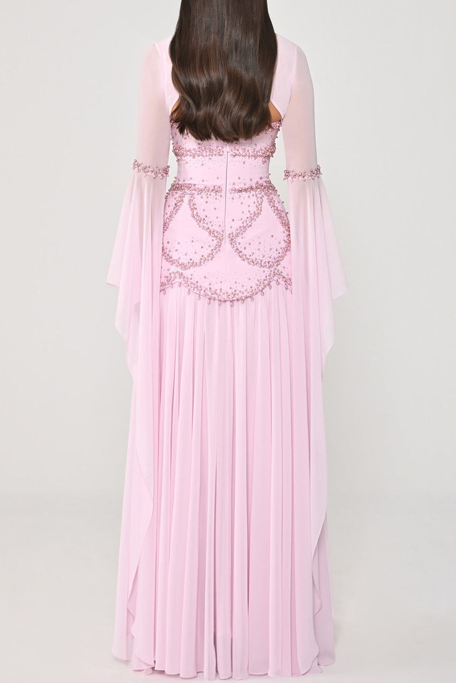 Beaded Drop-Waist Gown with Draped Sleeves