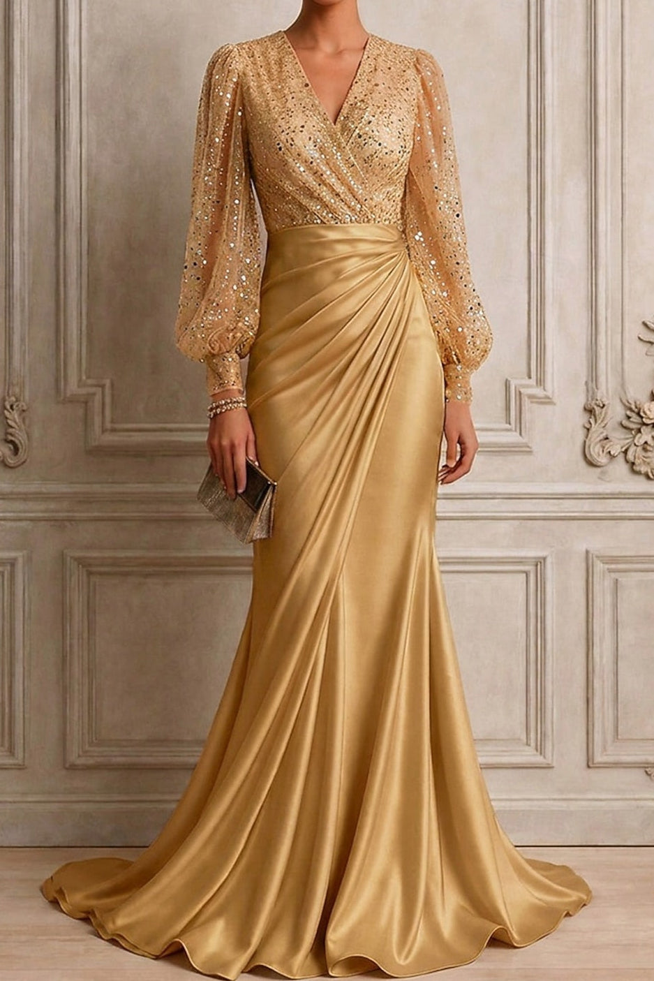 Sequin Bishop Sleeve Ruched Satin Evening Gown