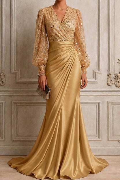 Sequin Bishop Sleeve Ruched Satin Evening Gown