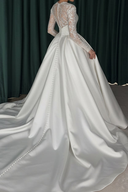 Long Sleeve Lace Illusion Ball Gown Wedding Dress