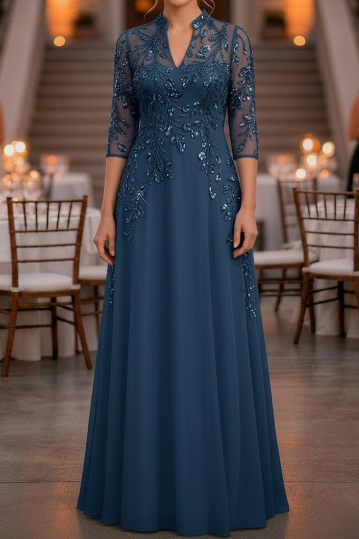 Sequin Illusion Sleeve A-Line Formal Evening Dress