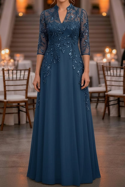 Sequin Illusion Sleeve A-Line Formal Evening Dress