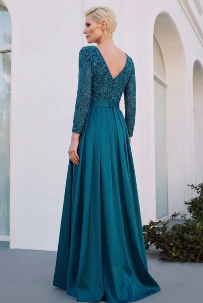Embroidered Bodice Pleated Evening Gown
