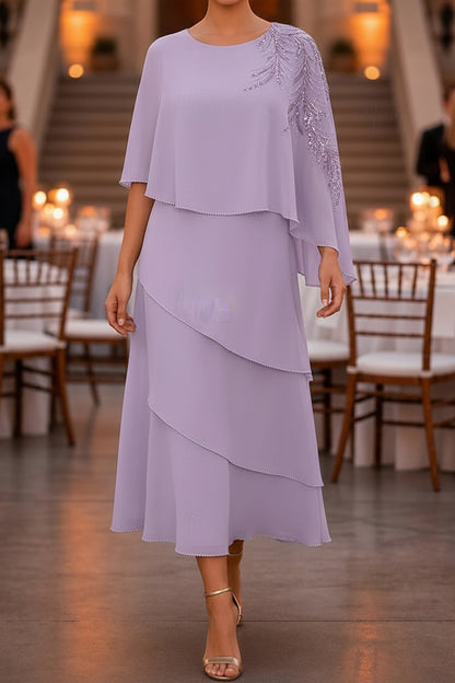 Tiered Midi Dress with Embellished Capelet