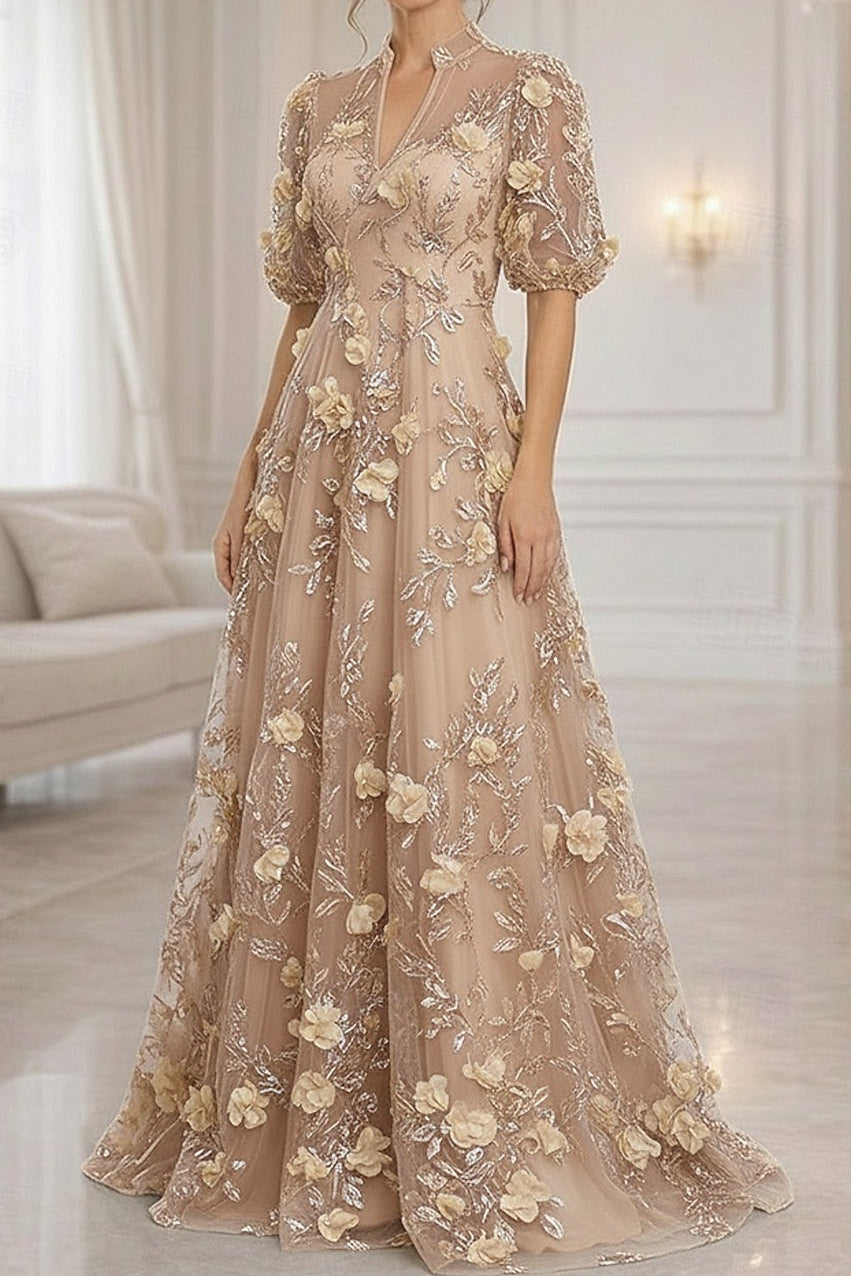 3D Floral Applique A-Line Gown with Puff Sleeves