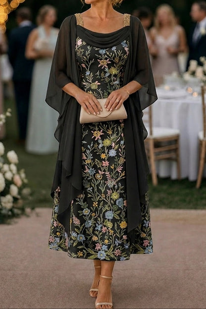 Embroidered Floral Midi Dress with Chiffon Cape