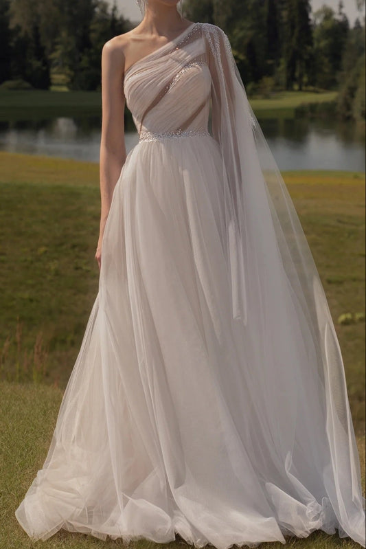 One Shoulder Draped Tulle Wedding Gown with Cape Sleeve