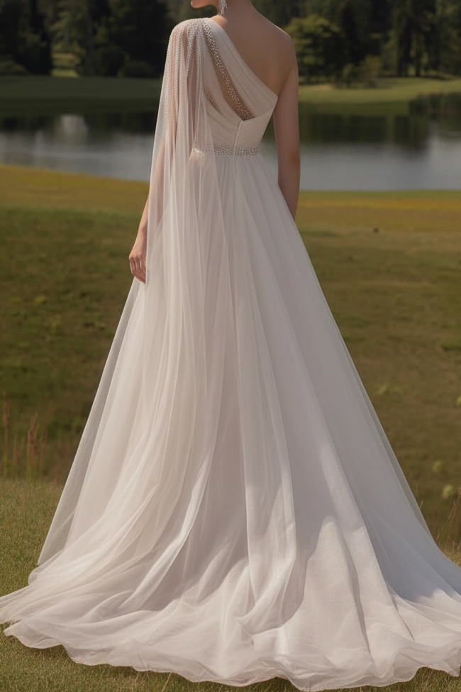 One Shoulder Draped Tulle Wedding Gown with Cape Sleeve