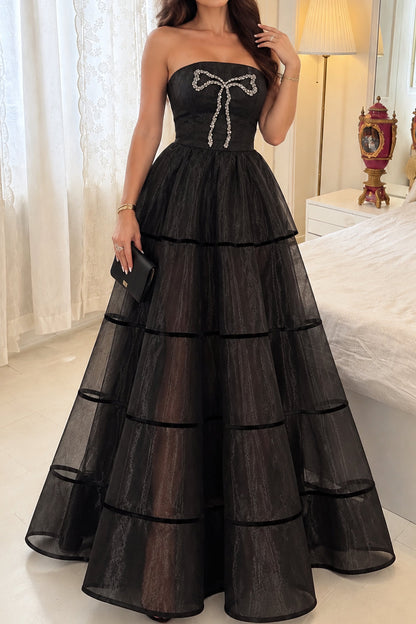 Strapless Tiered Organza Gown with Crystal Bow