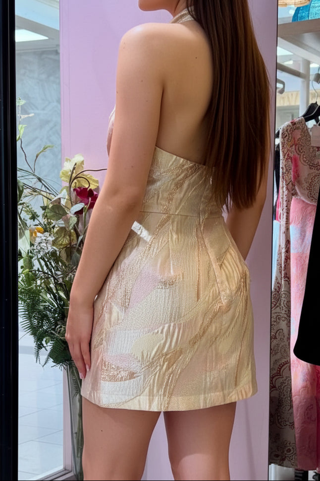 Jacquard Halter Mini Dress with Rosette Neck Detail