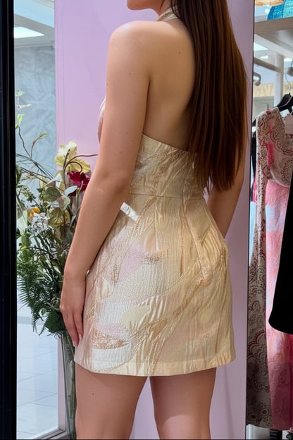 Jacquard Halter Mini Dress with Rosette Neck Detail