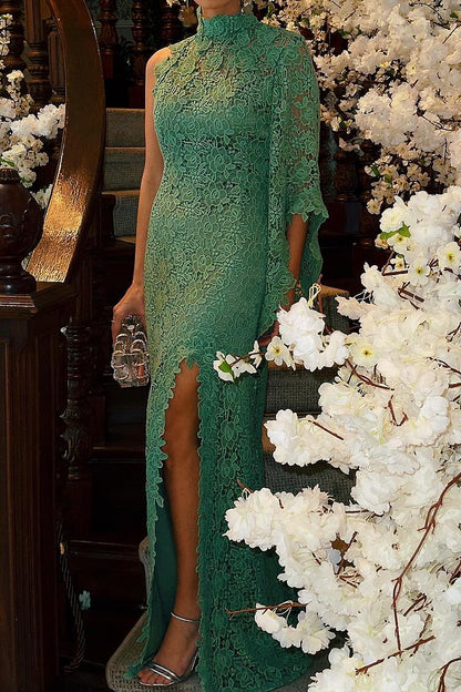 Lace High Neck Gown with Asymmetrical Sleeve