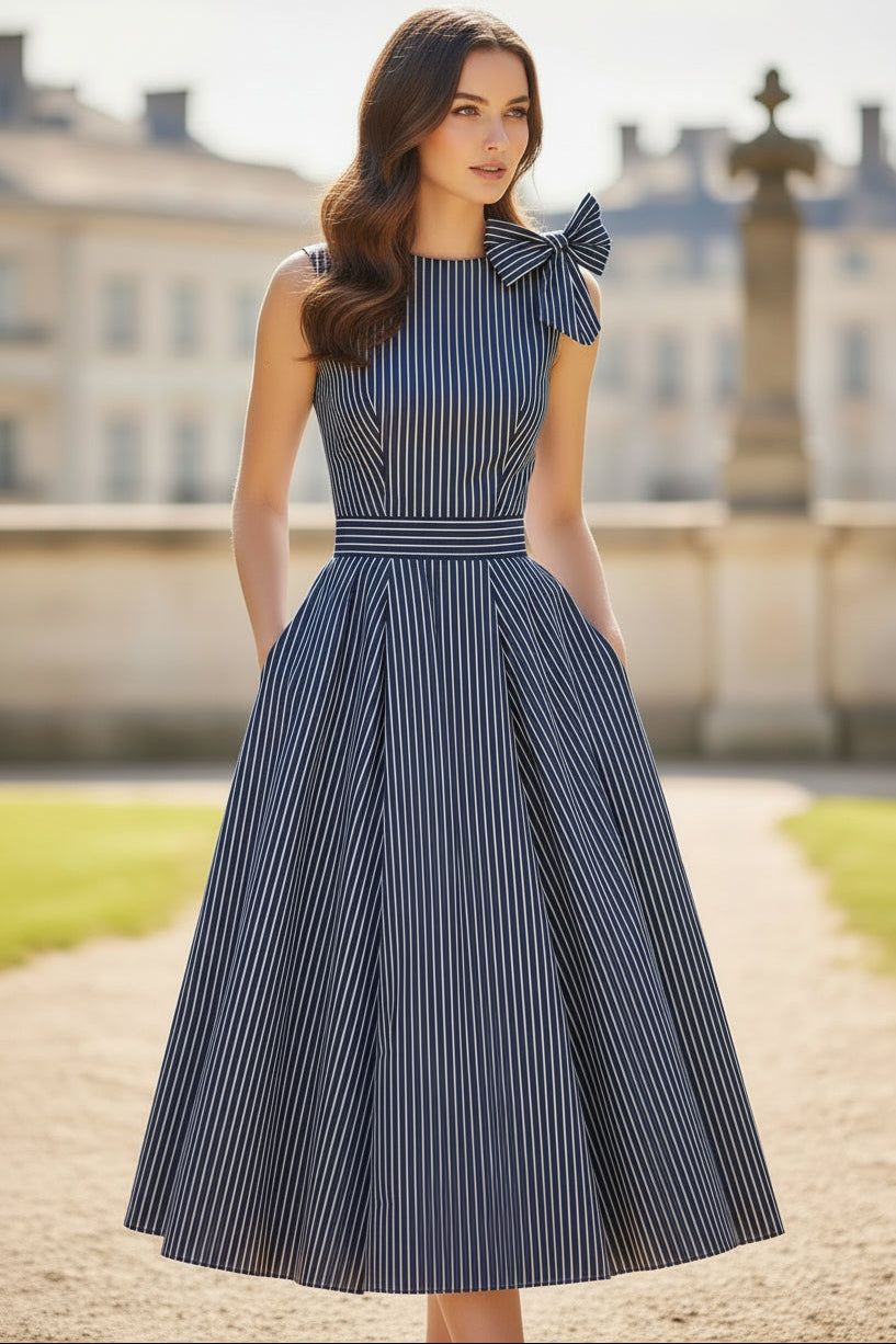 Sleeveless Striped A-Line Midi Dress with Bow
