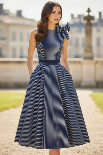 Sleeveless Striped A-Line Midi Dress with Bow
