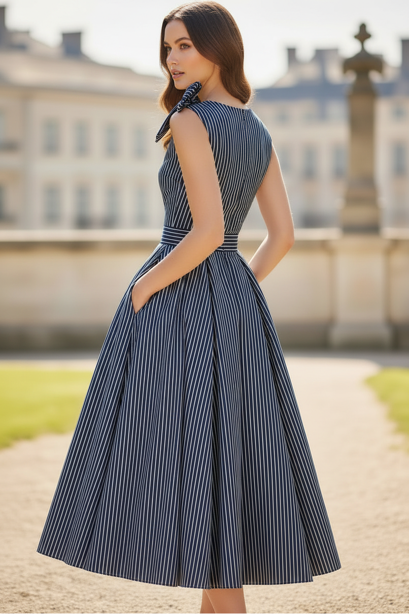 Sleeveless Striped A-Line Midi Dress with Bow