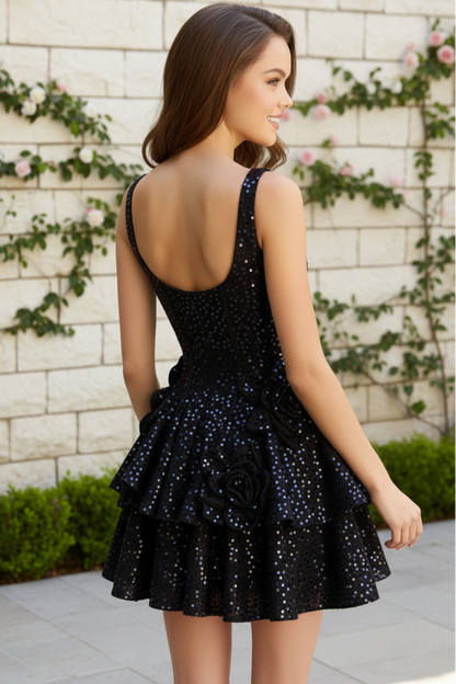 Sequined Corset Mini Dress with 3D Floral Accents