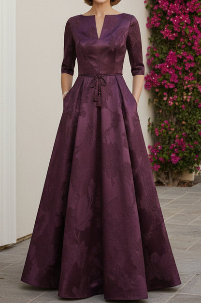 Floral Jacquard A-Line Evening Gown with Tie-Waist Belt