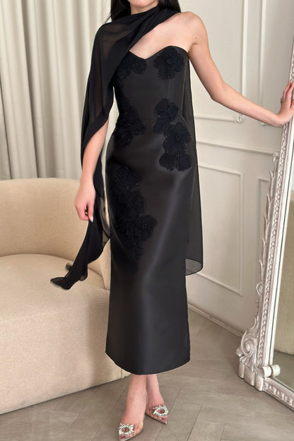 Strapless Column Dress with Beaded Florals & Scarf