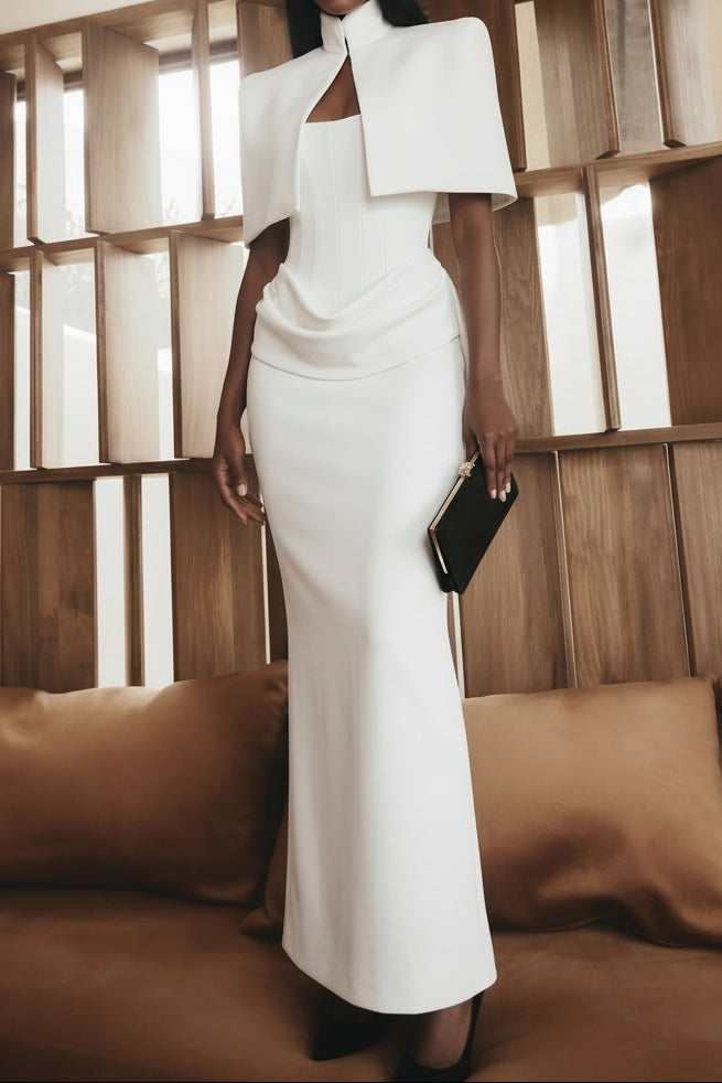 Column Maxi Dress with Capelet and Draped Waist