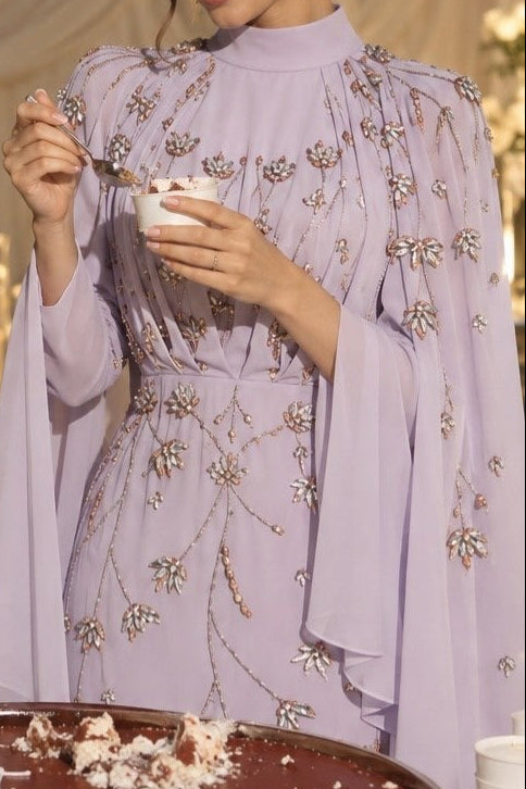 High Neck Embellished Gown with Cape Sleeves