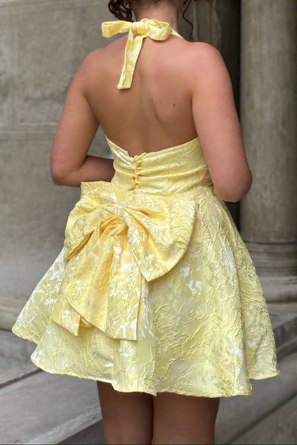 Halter Jacquard Mini Dress with Back Bow and Corset