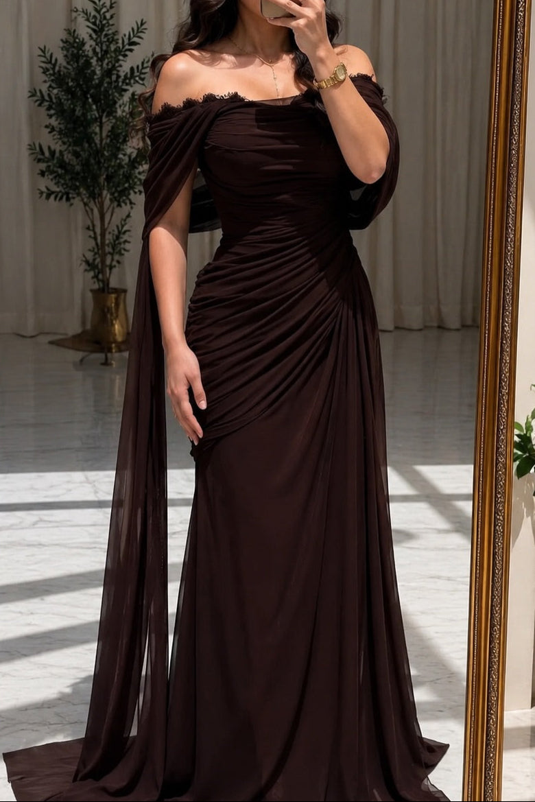 Elegant Draped Off-the-Shoulder Evening Gown