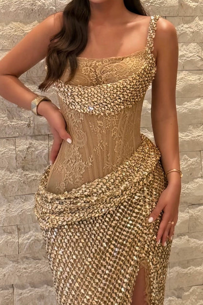 Lace Corset Embellished Evening Gown with Slit