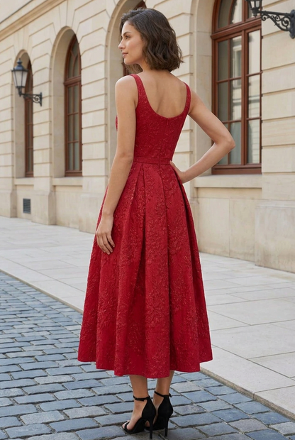 Scoop Neck Pleated Jacquard Midi Dress