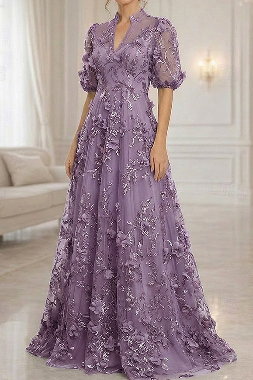 3D Floral Applique A-Line Gown with Puff Sleeves