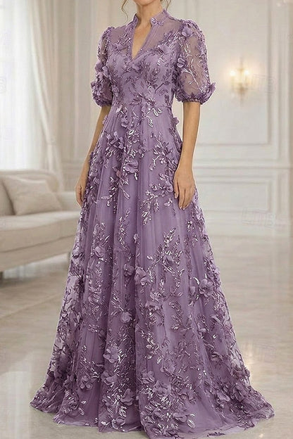 3D Floral Applique A-Line Gown with Puff Sleeves