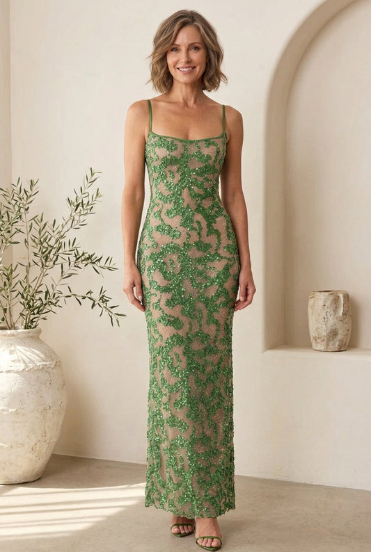 Sequined Floral Lace Maxi Column Dress