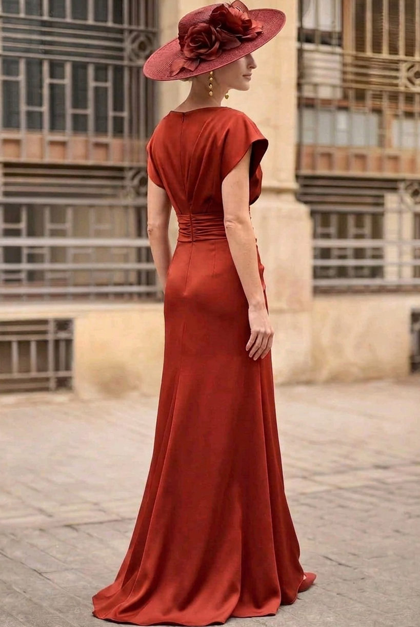 Draped Satin Floor-Length Gown with Rosette