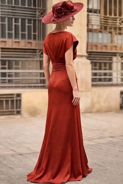 Draped Satin Floor-Length Gown with Rosette